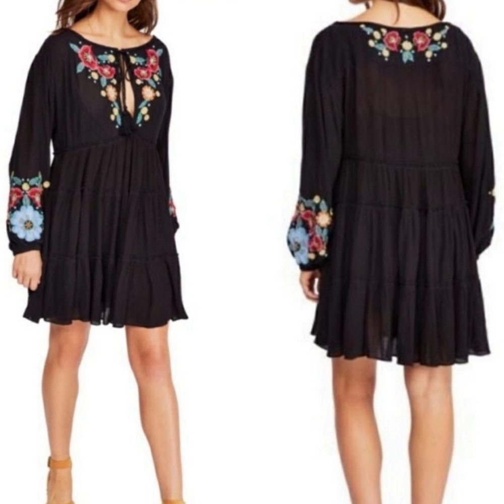 Free People Boho Black Floral Embroidered Long Balloon Sleeve Mini Dress
